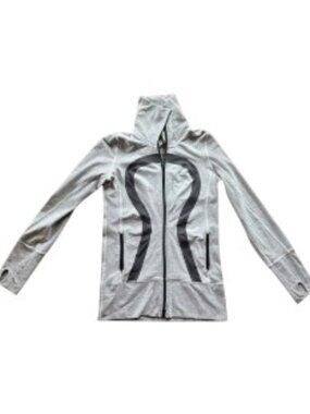 Lululemon Women’s Light Grey White Striped Logo Track Jacket Thumb Hole Size 6